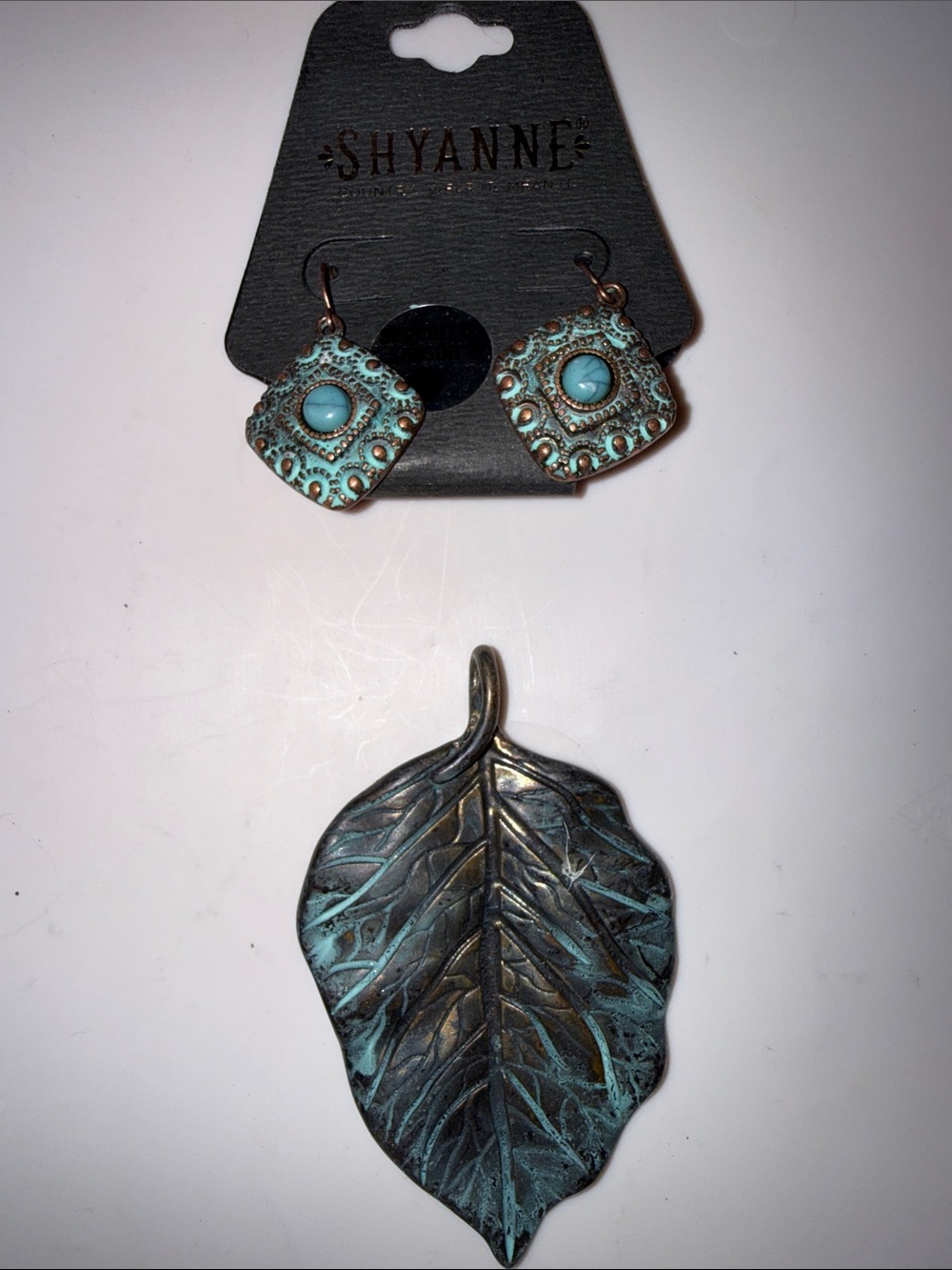 Shyanne Turquoise Patina Leaf Pendant Set with Accent Earrings